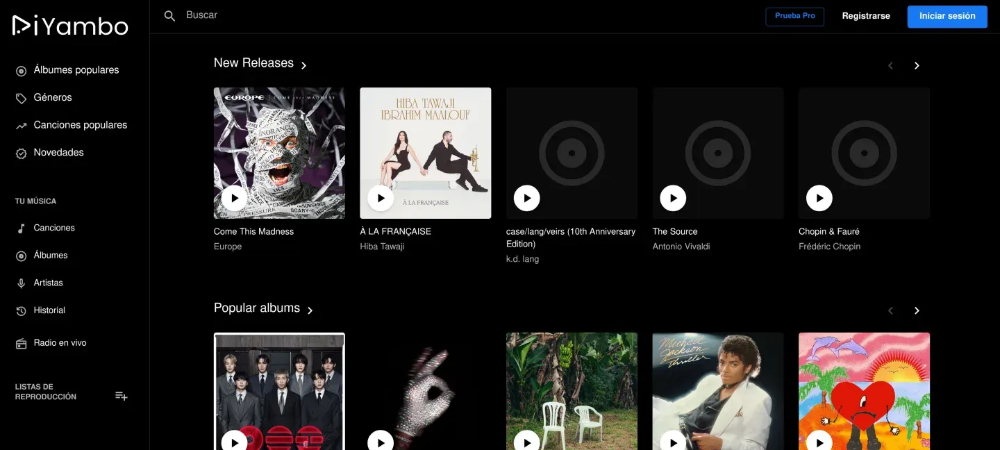 The Yammbo Music player showing new releases and popular albums with real cover art on a dark streaming interface