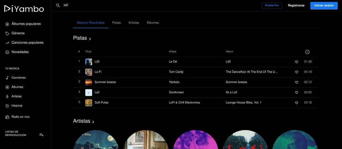 Yammbo Music: Search · tracks · artists · albums