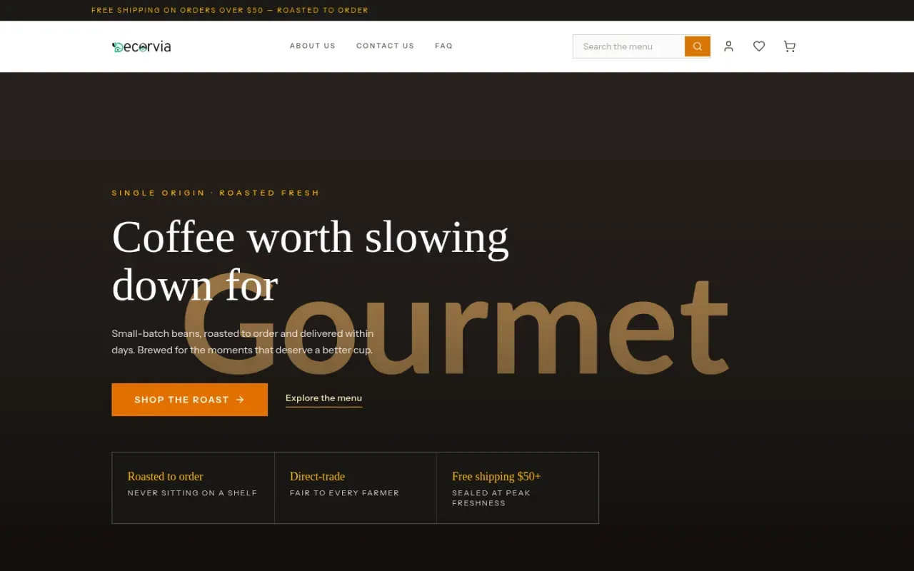 A live storefront running on Yammbo: the Decorvia demo shop, with its own branding, nav, search and cart