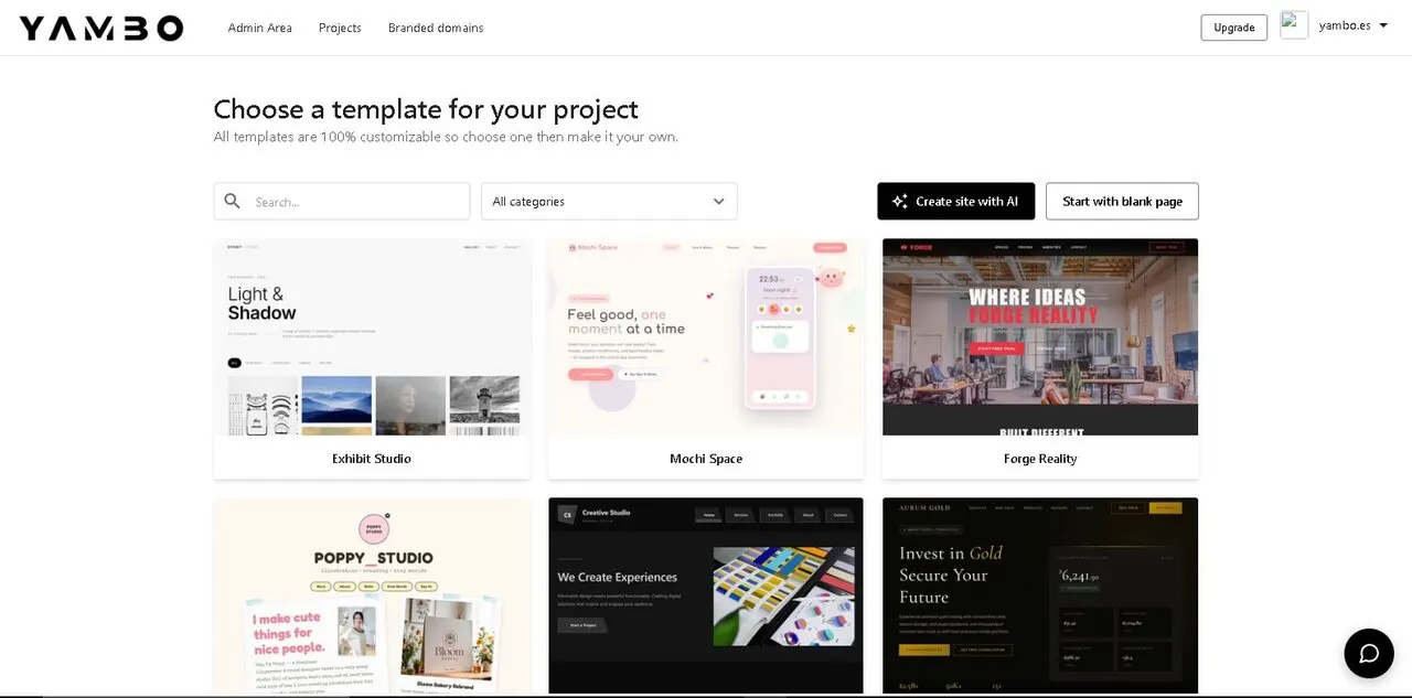Yammbo Web: template gallery and AI site builder