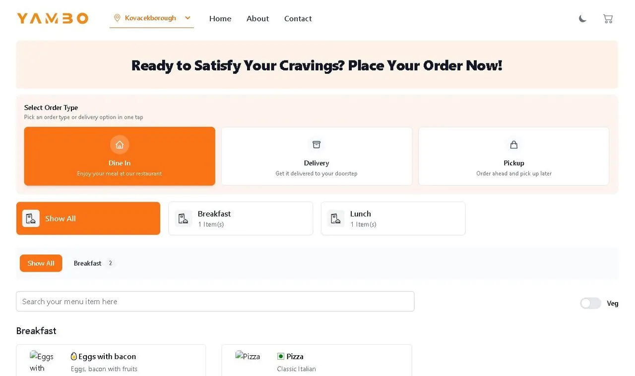 Yammbo Pos: restaurant ordering screen with dine-in, delivery and pickup