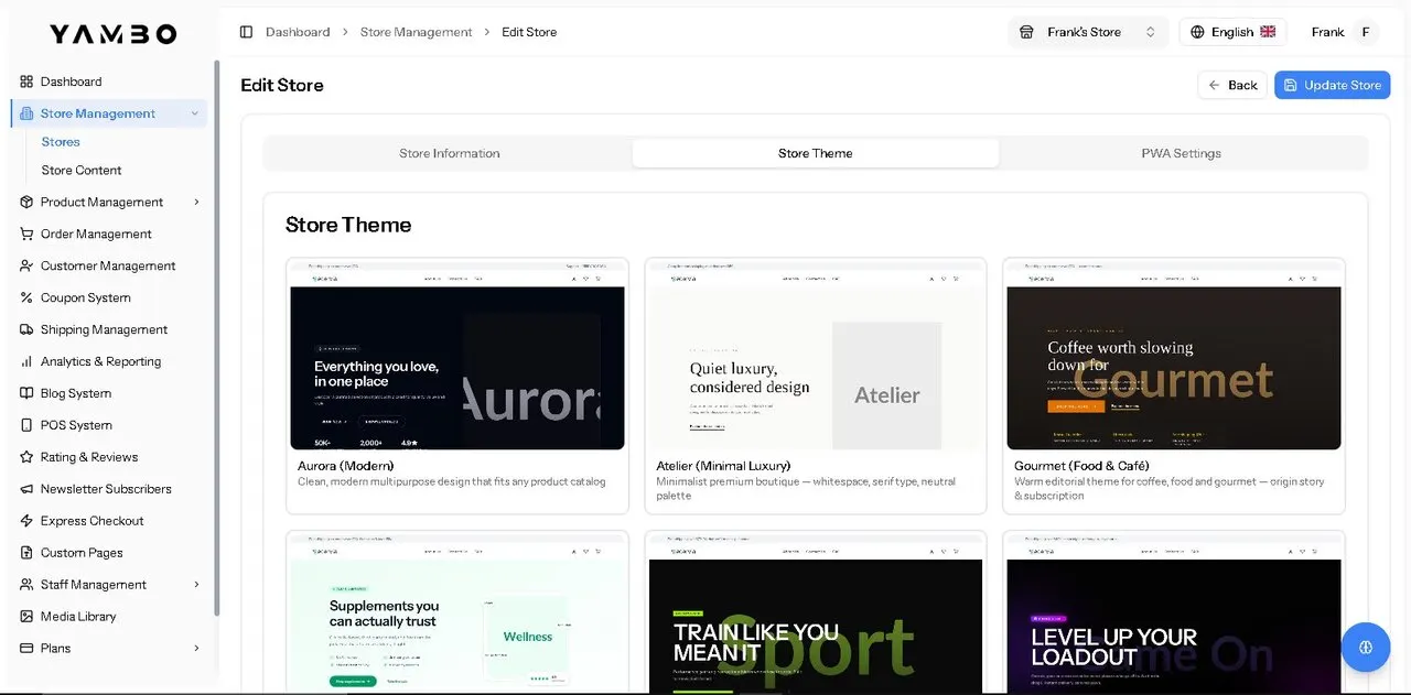 Yammbo Store: store theme picker in the admin dashboard